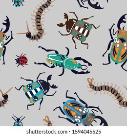 Hand drawn cool seamless pattern with bright bugs. Boys background 