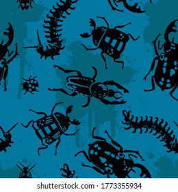 Hand drawn cool seamless pattern with  bugs. Boys background 