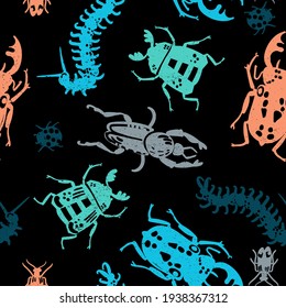 Hand drawn cool seamless pattern with  bugs. Boys background 
