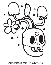Hand drawn cool smiling skull and mushrooms   flowers growing his head  line style cartoon vector illustration