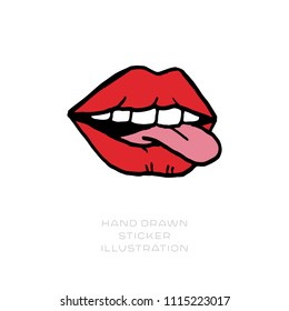 Hand drawn cool vector sticker. Patch and pin design illustration with red sexy lips
