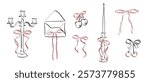 Hand drawn coquette aesthetics elements. Vintage candle with ribbon and bow in simple crayon and sketch style. Trendy art symbols for Valentine day and wedding invitations. Doodle vector illustration