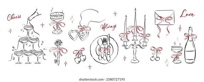 Hand drawn coquette aesthetics elements. Vintage cute symbols with ribbon and bow in simple crayon and sketch style. Trendy art for Valentine day and wedding invitations. Doodle vector illustration