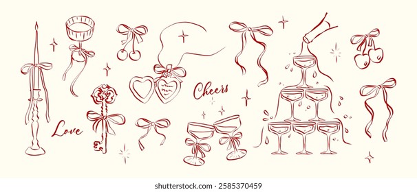 Hand drawn coquette aesthetics elements. Vintage cute symbols with ribbon and bow in simple crayon and sketch style. Trendy art for Valentine day and wedding invitations. Outline vector illustration