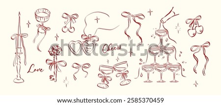 Hand drawn coquette aesthetics elements. Vintage cute symbols with ribbon and bow in simple crayon and sketch style. Trendy art for Valentine day and wedding invitations. Outline vector illustration
