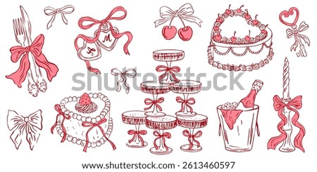 Hand drawn coquette aesthetics elements. Cute girly bows, hearts, cake, locket, champagne pyramid, cherry, candle. Vintage cute symbols for  wedding, invitation, birthday card. Vector illustration