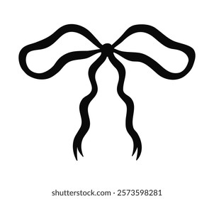 Hand drawn coquette black bow isolated on white background. Vector illustration of simple ribbon bow knot in minimalist style