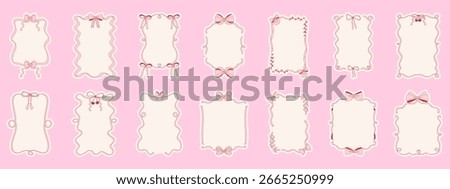 Hand drawn coquette bow borders collection. Cute pink ribbon frames set