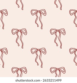 Hand drawn coquette bows pattern. Cute sketched ribbon bow drawing. Whimsical vector background. Line art doodle illustration. Charming print for fabric, wrapping paper, textile