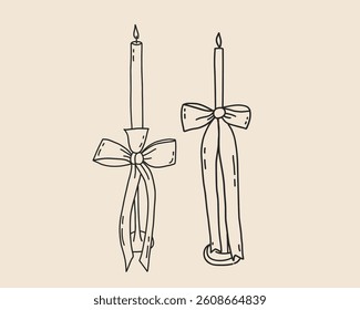 Hand drawn coquette candles with bow. Line art doodle sketch for Christmas, birthday, wedding design template. Vector outline illustration