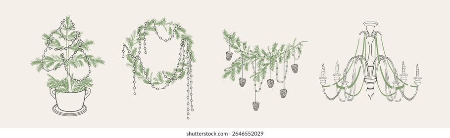 Hand drawn coquette Christmas tree, wreath, branch with cones, chandeliers. Whimsical line art doodle sketch for Christmas, birthday, wedding design template. Vector outline illustration