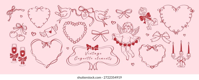 Handgezeichnetes Coquette-Doodle-Set mit Cupid, Bandrahmen, Herzen, Schleifen und Champagnergläsern. Trendy Vintage romantische Vektorelemente für Valentinstag Designs, Hochzeitseinladungen und Drucke.