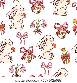 Hand drawn coquette Easter seamless pattern. Doodle cute bunnies, bows and ribbons, flowers and eggs. Vintage girly decoration. Whimsical vector illustration.