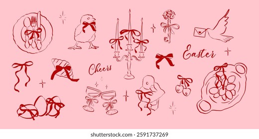 Hand drawn coquette Easter set. Vintage cute symbols with ribbon and bow in simple crayon and sketch style. Trendy art for menu and banner for holidays. Doodle outline vector illustration