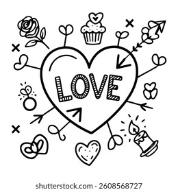 Hand drawn coquette elements for Valentines day, wedding invitation, birthday card. Cute girly bows, hearts, ribbons, cherry, cake, heart frame, strawberry. Vintage elegant vector illustration