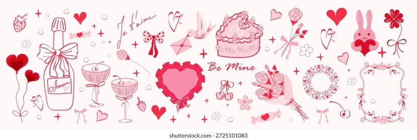 Elementos de coquette desenhado à mão para o dia dos namorados, convite de casamento, cartão de aniversário definido com corações, bolo, vinho, rendas, flores, coelho, elementos de amor. Ilustração de vetor elegante Vintage Whimsical.