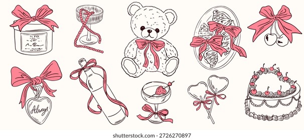 Handgezeichnete Koketteelemente für den Valentinstag. Whimsical niedliche Girly Bows, Medaillon, Kirsche, Kuchen, Cocktails, Croissant. Vintage Linie Kunst Vektorgrafiken für Hochzeitseinladung, Geburtstagskarte