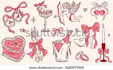 Hand drawn coquette elements for wedding invitation, Valentines day, birthday card. Cute girly bows, locket, ribbons, cherry, cake, champagne, candle. Vintage elegant vector illustration.