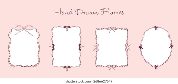 Marcos de coqueta dibujados a mano con lazos y cintas. Elegantes bordes vintage doodle para papelería de boda, invitaciones, carteles, estampados y diseño romántico minimalista. Ilustración de Arte vectorial
