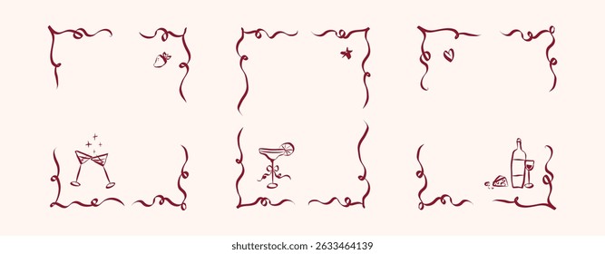 Hand drawn coquette frames. Vintage cute borders with ribbon and bow in simple crayon and whimsical style. Trendy art for bachelorette drink party and wedding invitations. Doodle vector illustration