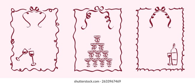 Hand drawn coquette frames. Vintage cute borders with ribbon and bow in simple crayon and whimsical style. Trendy art for bachelorette drink party and wedding invitations. Doodle vector illustration