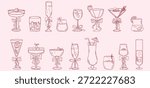 Hand drawn coquette glasses set featuring sixteen cute feminine drink glasses illustrated in a clean sketch style. This decorative glassware collection includes elegant cups, coupe style glasses, tall and rounded shapes, some with bows, cherries, slices, and straws. The artwork is created with consistent hand drawn line work and a minimal aesthetic suitable for modern design projects.