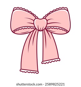 Hand drawn coquette pink bowknot with lace. Cute girly design for Valentines day, wedding, birthday, branding, bachelorette party. Vintage vector illustration on transparent background