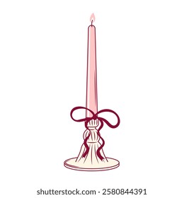 Hand drawn coquette pink candle with bow. Cute girly design for Valentines day, wedding, birthday, bachelorette party. Vintage vector illustration on transparent background
