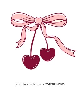 Hand drawn coquette red cherry, pink bow, ribbon. Cute girly design for Valentines day, wedding, birthday, branding, party. Vintage vector illustration on transparent background