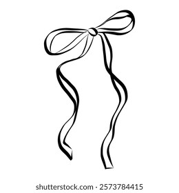 Hand drawn coquette ribbon and bow. Vintage element in simple crayon and sketch style. Trendy art symbol for Valentine day and wedding invitations. Doodle vector illustration