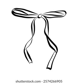 Hand drawn coquette ribbon and bow. Vintage element in simple crayon and sketch style. Trendy art symbol for Valentine day and wedding invitations. Doodle outline vector illustration