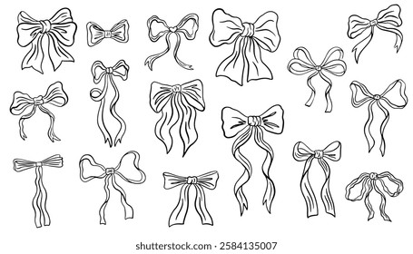 Hand drawn coquette ribbon and bow. Vintage coquette bows.  Minimalist bowknot for wedding, birthday, christmas cards, poster, tattoo, gift, frames. Doodle Sketch vector elements.