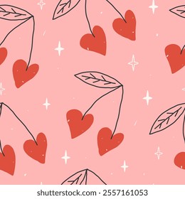 Hand drawn coquette seamless pattern cherry hearts. Trendy cute girly background. Modern vector print  for wrapping paper, holiday decor, packaging, fabric, textile.