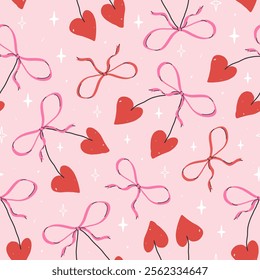 Hand drawn coquette seamless pattern with cherry hearts and bows. Trendy cute girly background. Modern vector print  for wrapping paper, holiday decor, packaging, fabric, textile.