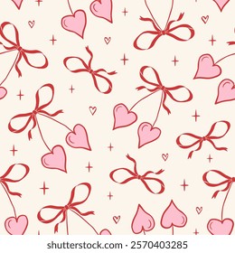 Hand drawn coquette seamless pattern with cherry hearts and bows. Trendy cute girly background. Modern vector print  for wrapping paper, holiday decor, packaging, fabric, textile.