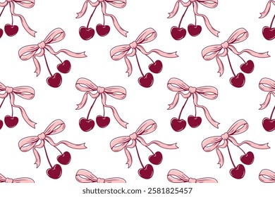 Hand drawn coquette seamless pattern with red cherry, pink bowknot. Cute girly design for Valentines day, wedding, birthday. Modern trendy print for wrapping paper, fabric, textile