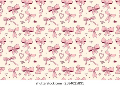 Hand drawn coquette seamless pattern with pink bowknot. Cute girly design for Valentines day, wedding, birthday. Modern trendy print for wrapping paper, cover, fabric