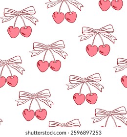 Hand drawn coquette seamless pattern with cherry and bows. Vintage trendy cute girly background. Modern vector print for wrapping paper, holiday decor, packaging, fabric, textile.