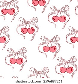 Hand drawn coquette seamless pattern with cherry and bows. Vintage trendy cute girly background. Modern vector print for wrapping paper, holiday decor, packaging, fabric, textile.