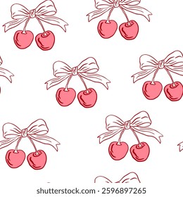 Hand drawn coquette seamless pattern with cherry and bows. Vintage trendy cute girly background. Modern vector print for wrapping paper, holiday decor, packaging, fabric, textile.