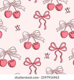 Hand drawn coquette seamless pattern with cherry and bow. Vintage trendy cute girly background. Modern vector print for wrapping paper, holiday decor, packaging, fabric, textile.