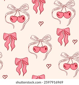 Hand drawn coquette seamless pattern with cherry and bow. Vintage trendy cute girly background. Modern vector print for wrapping paper, holiday decor, packaging, fabric, textile.