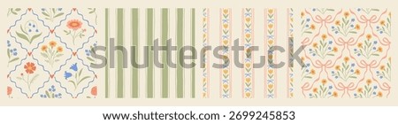 Hand drawn coquette seamless pattern collection with a charming floral whimsical design. Soft, pastel and nostalgic, perfect for textiles, wallpaper, wrapping paper and romantic vintage decor.