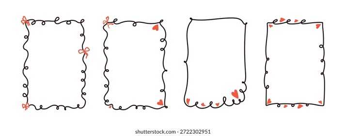 Marcos de San Valentín coqueta dibujados a mano con lazos, cintas. Fronteras caprichosas del doodle para el cumpleaños, la Navidad, las invitaciones de boda. Elementos minimalistas de Antiguas en estilo de arte de línea de moda. Ilustración vectorial aislada.