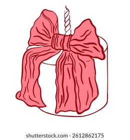 Hand drawn coquette vintage cake with bow and candle. Sweet bakery dessert with cute girly aesthetic element for Valentines day, wedding invitation, birthday. Doodle vector illustration.