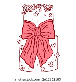 Hand drawn coquette vintage cake with bow. Sweet bakery dessert with cute girly aesthetic element for Valentines day, wedding invitation, birthday. Doodle vector illustration.