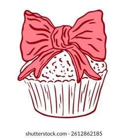 Hand drawn coquette vintage cake with bow. Sweet bakery dessert with cute girly aesthetic element for Valentines day, wedding invitation, birthday. Minimalist line art. Doodle vector illustration.