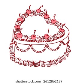 Hand drawn coquette vintage cake with cherry, bows and ribbons. Sweet bakery dessert with cute girly aesthetic element for Valentines day, wedding invitation, birthday. Doodle vector illustration.