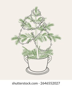 Hand drawn coquette vintage Christmas tree. Whimsical line art doodle sketch for Christmas, birthday, wedding design template Retro holiday concept wedding, Christmas party dinner invitation