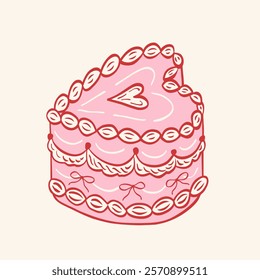Hand drawn coquette vintage heart shape cake with bows and ribbons. Cute girly illustration. Perfect for Valentines day, wedding invitation, birthday card.